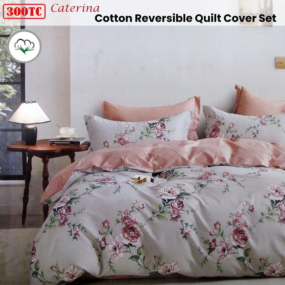 300TC Caterina Reversible Cotton Quilt Cover Set | Queen